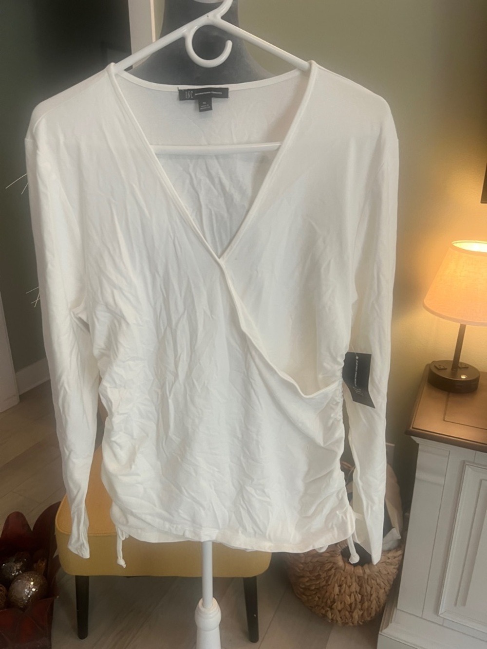 INC International Concepts White Wrap-Front Long Sleeve Top with Side Tie